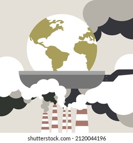 Ilustración conceptual del calentamiento del planeta Tierra en una sartén frita a partir de gases de efecto invernadero emitidos por fábricas