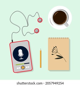 Conceptual illustration of a podcast. Top view. Smartphone, headphones, laptop and a cup of coffee. Audiobook, radio or music programs. Isolated flat vector drawings. For use inTemplate for websites