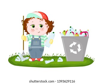 A conceptual illustration of the pollution of the world with plastic waste. A child cleaning grass with rake and throws a plastic bottle in the trash for recycling. Great icon for eco design.