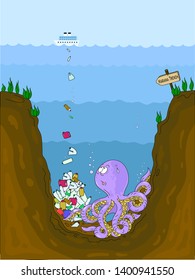 A conceptual illustration of the pollution of the world's oceans with plastic waste. Octopus at the bottom of the marian hollow in a pile of plastic waste.Great illustration for eco design.
