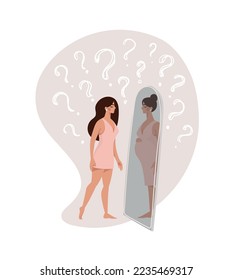 Conceptual illustration of postpartum depression, teenage pregnancy, abortion or miscarriage, single mother. The girl sees her pregnancy in the mirror and thinks about the future. Flat vector