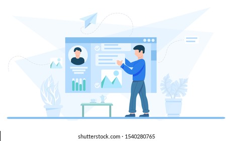 Conceptual illustration of profile editing. Man updating information on his social media profile, flat vector illustration, clip art