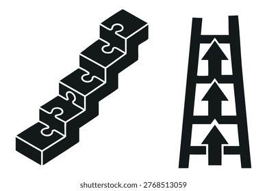 Conceptual illustration of a progress ladder made of puzzle pieces and an upwardtrending arrow graphic
