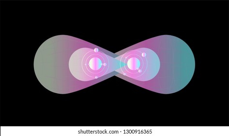 Conceptual illustration of quantum entanglement. Two partticles share coherence in quantum state: position, momentum, spin, and polarization.