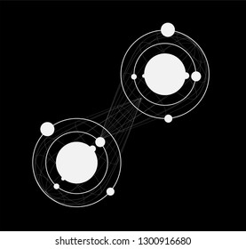 Conceptual illustration of quantum entanglement. Two partticles share coherence in quantum state: position, momentum, spin, and polarization.