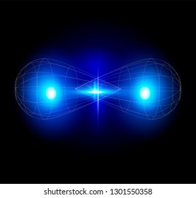 Conceptual illustration of quantum entanglement. Two partticles share coherence in quantum state: position, momentum, spin, and polarization.