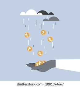 Conceptual illustration of raining of Indian Rupee coins and a hand collecting it.