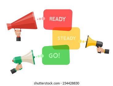 Conceptual illustration of ready, steady, go. Bubbles from megaphones indicate the moment of start an action.