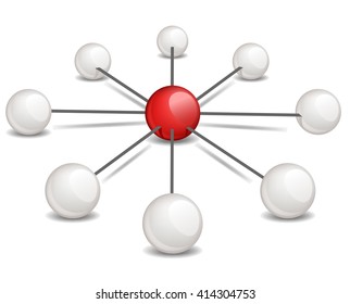 The conceptual illustration - a red sphere in the center connects the white ones. Vector image, no size limit. 