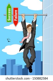 Conceptual illustration relating to imminent failure. A businessman hanging on to an horizontal pole of the success and failure sign: he is on the point of falling down toward the failure.