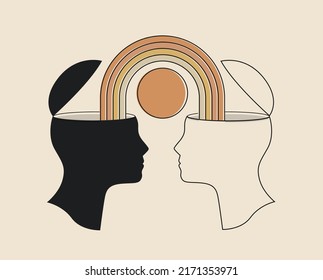 Conceptual illustration of relationships or empathy or positive emotional sharing with two heads and a rainbow between them isolated on light background. Vector illustration