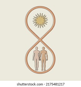 Conceptual illustration of the relationships with silhouette of the couple in the infinity symbol and sun silhouette. Forever together. Vector illustration