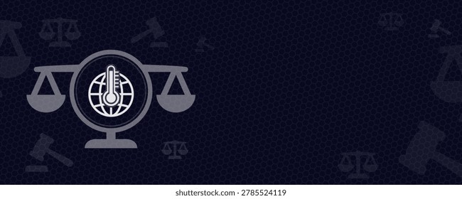 A conceptual illustration representing climate justice, featuring a scale of justice combined with a globe and thermometer icon on a dark hexagonal grid background, symbolizing the legal response to global warming and environmental issues.