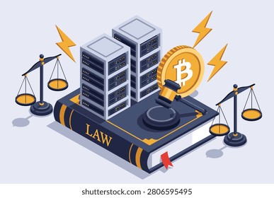 Conceptual illustration representing cryptocurrency regulation with a legal book, bitcoin coin, server racks, gavel, and scales of justice.