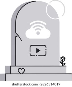 Conceptual illustration representing the end of digital content or online accounts, featuring a gravestone with cloud, Wi-Fi, and video player icons.