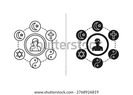 Conceptual illustration representing the interconnectedness of various world religions and spiritual beliefs surrounding a central human figure. Ideal for themes of tolerance, diversity, and global community.