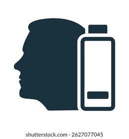 Conceptual illustration representing mental fatigue and burnout, symbolized by a man's silhouette with a low battery icon