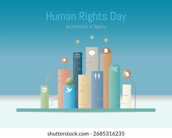 Ilustração conceitual representando a força e a interdependência dos direitos humanos. Possui dez pilares verticais, cada um simbolizando princípios fundamentais como Justiça, Igualdade, Educação