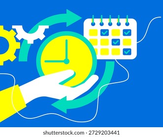 Ilustración conceptual que representa la gestión del tiempo con símbolos de reloj, calendario, flechas y flujo de trabajo. Metáfora visual de productividad, planificación, control de tareas, eficiencia y trabajo diario organizado
