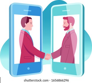 Conceptual illustration representing two young smiling business men who use mobile technology to agree remotely