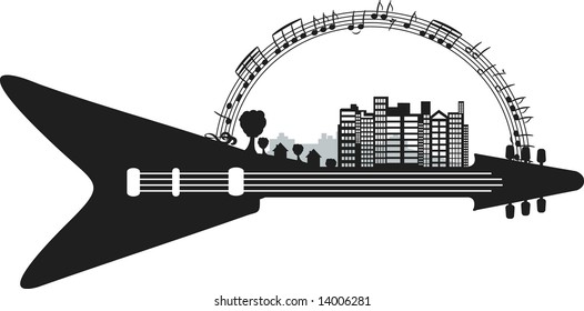 Conceptual illustration of a Rock and Roll city. One Color.