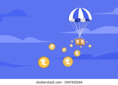 Conceptual illustration of Rupee coins falling in sky from a parachute