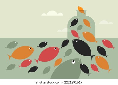 Conceptual illustration of a school of fishes getting in to a bottle immersed in water