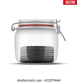 Conceptual illustration of the seasonal storage of tires. Glass jar and wheel inside. Vector Illustration isolated on white background.