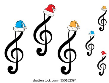 Conceptual illustration with a set of treble clefs in Christmas caps