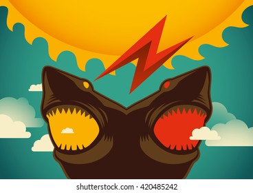 Ilustración conceptual con tiburones. Ilustración vectorial.