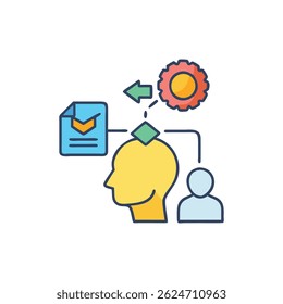 Conceptual illustration showcases head connected to document, gear and person. Flat vector with bold outlines over White Background shows streamlined process