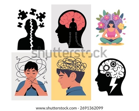 Conceptual illustration showcasing different mental health challenges and conditions metaphorically