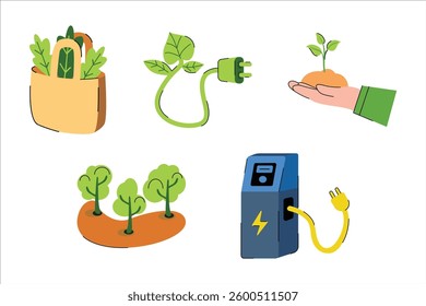 A conceptual illustration showcasing various eco-friendly activities and sustainable living concepts, promoting environmental awareness and responsible practices.