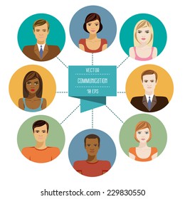 Conceptual Illustration Showing The Diversity Of People In A Social Network With Eight Avatars Of Men And Women Related Unified Communications Network. Set Flat Design Icons Of Faces. Vector 10 EPS