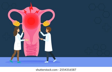 Conceptual illustration showing doctors analyzing uterine pain and endometriosis with a focus on symptoms and healthcare.