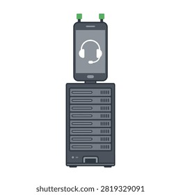 Conceptual illustration showing a mobile device with a headset icon mounted atop a server rack. Represents cloud communication, VoIP technology, and remote data management.