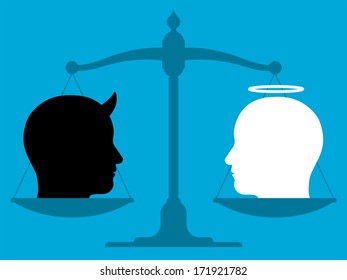 Conceptual illustration showing the silhouette of a vintage pan scale in equilibrium with the head of an angel and devil in blank and white showing the relationship between good and evil