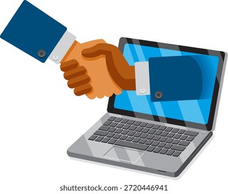Conceptual illustration showing two hands shaking through a laptop screen, representing modern online business interaction and successful digital collaboration. The visual metaphor highlights how internet technology enables professionals, entrepreneurs, and organizations to form partnerships, complete agreements, and build trust without physical meetings. The handshake emerging from a computer display symbolizes confidence, cooperation, and commitment within a virtual environment where communication and transactions take place through connected platforms.

This concept reflects the transformation of traditional business practices into digital experiences supported by advanced communication tools. Companies can negotiate contracts, discuss projects, and finalize partnerships through remote connections, making global cooperation faster and more efficient. The image communicates reliability, professionalism, and mutual understanding between individuals working together through technology driven channels.

The illustration is suitable for themes related to remote work culture, online entrepreneurship, corporate cooperation, digital networking, and virtual deal making. It works well for website banners, marketing graphics, presentations, social media content, blog articles, and educational materials focused on e-commerce, startup partnerships, or modern professional communication.

The visual idea emphasizes trust, connection, and opportunity created digital platforms. Ideal for creative projects that represent online negotiation, internet based collaboration, secure transactions, and the evolving landscape of global business relationships powered by modern technology.