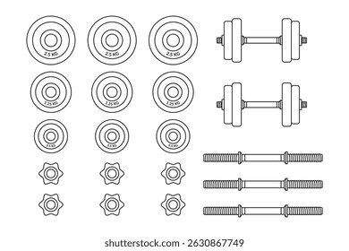 Conceptual illustration shows dumbbells and weight plates, presented as clean line art drawing.