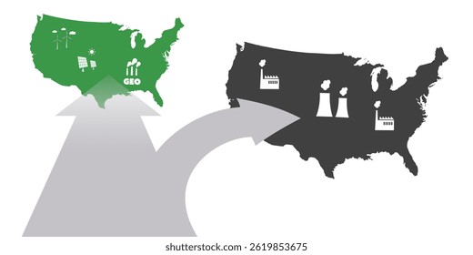 A conceptual illustration shows a road splitting toward two futures: a black USA map with polluting factories and a fading green USA map with renewable energy, symbolizing environmental choices.