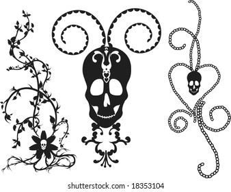 Conceptual illustration of skulls in a retro border elements.