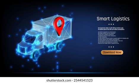 Conceptual illustration of smart logistics with a digital truck and location pin amidst glowing technology background.