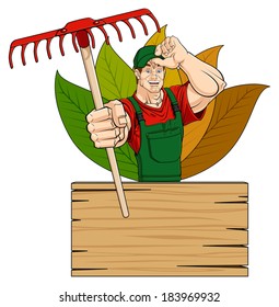 Conceptual illustration of a smiling gardener with rake. Below him there is a wooden sign with space for text. Isolated on white background.