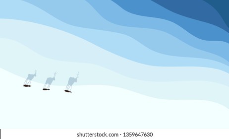 Conceptual illustration of a snowy land in winter with northern deers casting long shadows