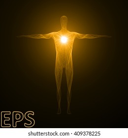 conceptual illustration of spiritual energy. powerful energy beam shaped as male body form. golden color version.