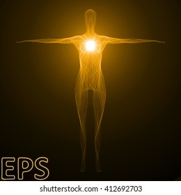 conceptual illustration of spiritual energy. powerful energy beam shaped as female body form. golden color version.