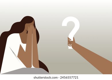 Conceptual illustration of a stressed girl cover her face to a question posed by a hand