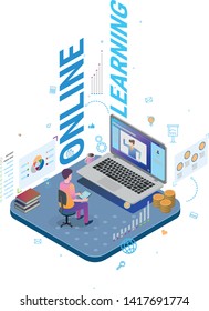 conceptual illustration, stylized flat design with isometry and lide-art design elements, online learning theme