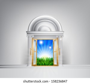 Conceptual illustration of a sunrise over fields through a grand entrance. Could be used in a self help or motivational concept or to represent hope for the future and lifestyle changes. 