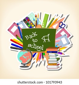 conceptual illustration of suppliers and blackboard with text "Back to school"